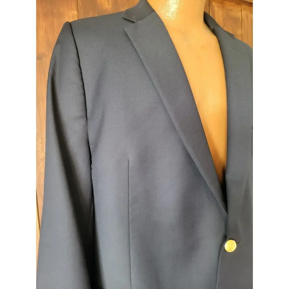 Ralph Lauren Men 46R Navy Blazer 100% Wool Gold Buttons Classic Sport Coat Sleek